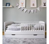 Lit pour Enfant 140 x 70 cm avec sommier à Lattes, tiroir et Protection Contre Les Chutes - en Bois Massif Blanc - 70 x 140 cm - Taille Parfaite après lit à barreaux