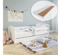 Lit pour Enfant 70 x 140 cm avec Matelas et tiroir, Protection Anti-Chute et sommier à Lattes en Blanc scandinave
