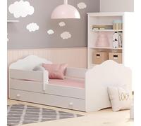 Lit pour Enfant 80x160 cm avec Matelas et tiroir, sommier à Lattes et Protection Anti-Chute Amovible Kit Complet avec Protection Anti-Chute Lit Simple Blanc