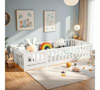 Lit pour enfant 90 x 200 cm, avec protection contre les chutes et sommier à lattes, cadre de lit Montessori pour enfants, lit de sol Montessori en bois massif de pin, lit simple, blanc pour garçons et