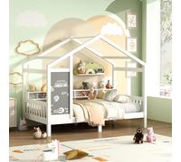 Lit pour Enfant 90 x 200 cm avec Tableau Noir et Étagères de Rangement, Lit Cabane Enfant avec Protection Anti Chute, Cadre de Lit pour Enfants, Sommier à Lattes, Bois Massif,Blanc (sans Matelas) (B)