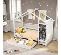 Lit pour enfant, 90 x 200 cm, avec toit, pour filles et garçons, en bois, avec tableau et 2 tiroirs, bibliothèque et armoire de rangement, grand espace de rangement, sommier à lattes (tableau simple +