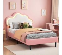 Lit pour enfant 90 x 200 cm - Rose princesse - Nuage - Lit simple avec éclairage LED - Sommier à lattes et tête de lit réglable - Lit d'adolescent rembourré en cuir synthétique - Pour enfants