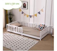 Lit pour Enfant avec Barriere de Securite et sommier à Lattes 90x200 cm Blanc Bois de pin Massif