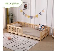 Lit pour Enfant avec Barriere de Securite et sommier à Lattes 90x200 cm Naturel Lit Enfant Bois de pin Massif