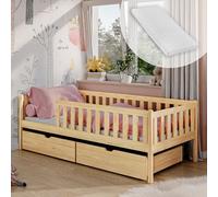 Lit pour enfant avec deux tiroirs, protection anti-chute, sommier à lattes et matelas, sûr et stable, autres tailles 80 x 160, 90 x 190, 90 x 200 cm, 80 x 180 cm : du 3 au 12 ans, naturel
