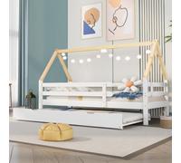 Lit pour enfant Fliek Lit cabane 200x90cm avec barrière de sécurité et sommier à lattes, lit de jour avec roulettes en dessous pour filles et garçons, Blanc+Couleur naturelle 209x97x130 cm