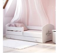Lit pour enfant LUK - Blanc 140 x 70 cm avec barrière, tiroir et matelas - avec l'inscription Petite Princesse endormie