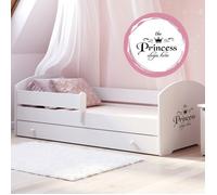 Lit pour enfant LUK - Blanc 160 x 80 cm avec barrière, tiroir et matelas - avec l'inscription Petite Princesse endormie