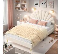 Lit Pour Enfant Rembourré 140 x 200 cm lit Double pour Fille avec tête de lit en Forme de Fleur et sommier à Lattes Lits 2 Personne pour Fille Adolescent,Velours (Sans Matelas)(Beige A, 140 x 200 cm)