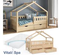 Vitalispa lit cabane Design, Naturel bois, 80x160 cm avec 2 tiroirs et matelas