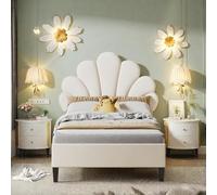 Lit pour fille, 90 x 200 cm, avec sommier à lattes, rembourré, pour fille, princesse avec tête de lit florale, tête de lit rembourrée en hauteur, lit simple, adolescent, en velours, beige (90 x 200 cm