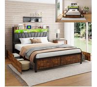 Lit Queen 160x200 cm - DANS LES NUAGES - Noir - Avec LED - 4 tiroirs - Métal