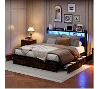 Lit Queen 180x200cm avec 4 tiroirs, tête de lit avec éclairage LED et Chargement USB, Cadre de lit en métal, lit Adulte, Noir, PU