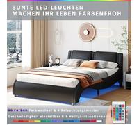 Lit rembourré 140*200cm Lit en similicuir avec cadre de lit lumineux LED avec sommiers à lattes Noir