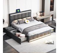 Lit rembourré, 140 x 200 cm, avec 4 tiroirs et 2 stations de charge USB, cadre de lit avec tête de lit, lit plateforme rembourré avec espace de rangement, tissu en lin gris