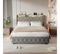 Lit rembourré 140 x 200 cm avec 4 tiroirs, lit double avec éclairage LED et station de charge, lit pour adolescent avec espace de rangement, tête de lit, lit rembourré avec sommier à lattes, sans