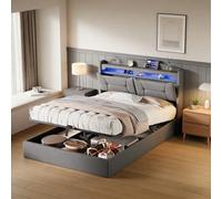 Lit rembourré, 140 x 200 cm, avec coffre de lit, hydraulique, avec LED et USB, espace de rangement caché dans la tête de lit, cadre de lit moderne avec sommier à lattes, lin clair, 140 x 200 cm