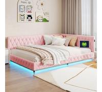 Lit rembourré, 140 x 200 cm, avec LED et port USB, en polaire teddy avec sommier à lattes, lit simple, canapé-lit, lit d'appoint, lit d'appoint, lit pour adolescent, rose, sans matelas