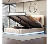 Lit Rembourré 140 x 200 cm avec LED, Sommier à Lattes Métalliques et Coffre de lit, Lit Double avec Tête de lit Rembourrée Réglable en Hauteur et Espace de Rangement Hydraulique, Blanc (sans Matelas)