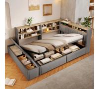 Lit rembourré 140 x 200 cm, avec rangement hydraulique et banquette de lit | Lit de jour avec barre lumineuse LED et port USB, prise, élément d'armoire latérale à gauche et à droite
