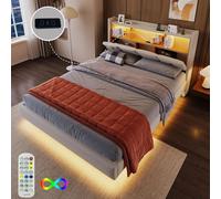Lit rembourré, 140 x 200cm , barre lumineuse d'ambiance télécommandée, tablette flip top,sans matelas, Avec lampes LED, Beige