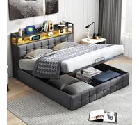 Lit rembourré 140x190 cm,lits coffre hydraulique avec espace de rangement et sommier à lattes,lits double 140x190, tête de lit LED avec compartiment de rangement et fonction de charge USB(Noir-Lin)