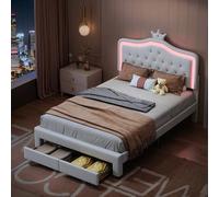 Lit Rembourré 140x200 avec Sommier à Lattes,LED Lit Double avec Tiroir de Rangement, Tête de Lit Réglable en Couronne,Cadre de lit pour Enfant Fille et Adulte,Cuir PU lanc (Blanc-PU, 140x200cm)