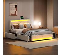 Lit rembourré 140x200 cm avec 4 tiroirs, lit rembourré avec fonction de charge USB, lit adulte avec lumières LED (sans matelas) (lin beige A, 140 x 200 cm)