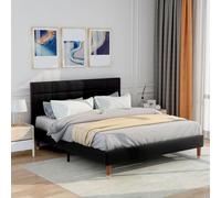 Lit rembourré 140x200 cm, lit Double avec sommier à Lattes, Cadre de lit rembourré avec tête de lit en Tissu Velours, pour Adultes et Adolescents (Matelas Non Inclus) (Black)