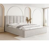 Lit Rembourré 140x200 Coffre avec Rangement - Capitonné Blanc écru en Tissu Bouclette - Double Moderne avec Tête De Lit - Cadre De Lit avec Sommier à Lattes - Adulte - Amira - Crème