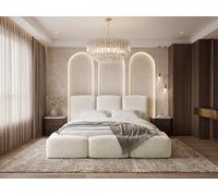 Lit Rembourré 140x200 Coffre avec Rangement - Capitonné Blanc écru en Tissu Bouclette - Double Moderne avec Tête De Lit - Cadre De Lit avec Sommier à Lattes - Adulte - Harmony - Crème