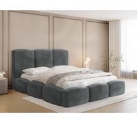 Lit Rembourré 140x200 Coffre avec Rangement - Capitonné en Tissu Velours - Double Moderne avec Tête De Lit - Cadre De Lit avec Sommier à Lattes - Adulte - Harmony - Gris