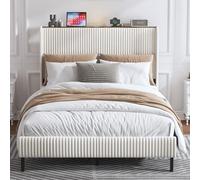Lit Rembourré 140x200 en Velours Côtelé, Design Moderne, Beige et Crème