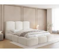 Lit Rembourré 140x200 Lit Coffre Avec Rangement - Lit Capitonné Blanc écru En Tissu Bouclette - Lit Double Moderne Avec Tête De Lit - Cadre De Lit Avec Sommier à Lattes - Lit Adulte - Harmony - Crème