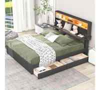 Lit rembourré 140x200cm Cadre de lit avec rangement tête de lit, Lit double avec USB rechargeable et éclairage LED,Lit double avec fonctionnalité de tête de lit ajustable et deux tiroirs (Grau)