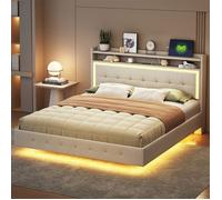 Lit rembourré 140x200cm en simili cuir avec éclairage LED, cadre de lit à lattes noir