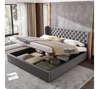 Lit rembourré 160*200 cm, Velours Cadre de lit avec rembourré avec sommier à lattes,Lit double avec tête de lit en forme d'oreiller et fonction de rangement hydraulique, Adulte lit (sans matelas)