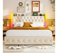 Lit rembourré 160 x 200 cm avec LED et USB, lit double avec récipient, récipient et tête de lit, structure du lit avec cadre hydraulique en métal, velours, sans matelas (beige A, 160 x 200)