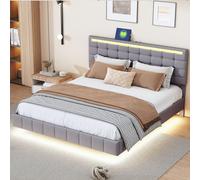 Lit rembourré 160 x 200 cm, cadre de lit flottant rembourré avec lampes LED et design de la tête de lit, lit doubleGris