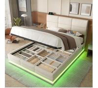 Lit rembourré 160x200 cm Lit coffre Lit double capitonné avec éclairage LED ports USB et tête de lit réglable - Beige