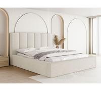 Lit Rembourré 160x200 Coffre avec Rangement - Capitonné Blanc écru en Tissu Bouclette - Double Moderne avec Tête De Lit - Cadre De Lit avec Sommier à Lattes - Adulte - Amira - Crème