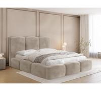 Lit Rembourré 160x200 Coffre avec Rangement - Capitonné Crème en Tissu Velours - Double Moderne avec Tête De Lit - Cadre De Lit avec Sommier à Lattes - Adulte - Harmony - Beige