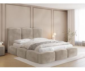 Lit Rembourré 160x200 Coffre avec Rangement - Capitonné Crème en Tissu Velours - Double Moderne avec Tête De Lit - Cadre De Lit avec Sommier à Lattes - Adulte - Harmony - Beige