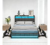 Lit rembourré 180 x 200 cm avec 4 tiroirs, lit double avec éclairage LED et station de charge, lit pour adolescent avec espace de rangement, tête de lit, lit rembourré avec sommier à lattes, sans