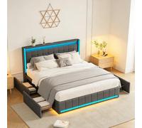 Lit rembourré 180 x 200 cm avec 4 tiroirs, lit double avec éclairage LED et station de charge, lit pour adolescent avec espace de rangement, tête de lit, lit rembourré avec sommier à lattes, sans
