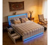 Lit rembourré 180 x 200 cm avec 4 tiroirs, lit double avec éclairage LED et station de charge, lit pour adolescent avec espace de rangement, tête de lit, lit rembourré avec sommier à lattes, sans