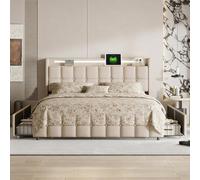 Lit rembourré 180 x 200 cm avec 4 tiroirs, lit double avec éclairage LED et station de charge, lit pour adolescent avec espace de rangement, tête de lit, lit rembourré avec sommier à lattes, sans