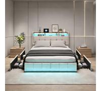 Lit rembourré 180 x 200 cm avec 4 tiroirs, lit double avec éclairage LED et station de charge, lit pour adolescent avec espace de rangement, tête de lit, lit rembourré avec sommier à lattes, sans
