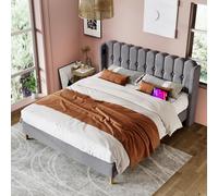 Lit rembourré 180 x 200 cm avec Chargement USB Type C, Cadre de lit avec Lattes, Modern lit Adult, Lits Double pour Jeunes pour Chambres à Coucher, Chambres d'amis,Grey